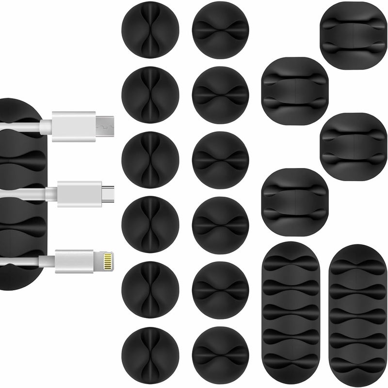 Flezoo Cable Clips Cord Holder - 18 PCS Black Adhesive Phone Cord Organizer Charger Holder Cable Wire Management Clips Keeper for Nightstand, Desk, Office or Mouse - Image 1